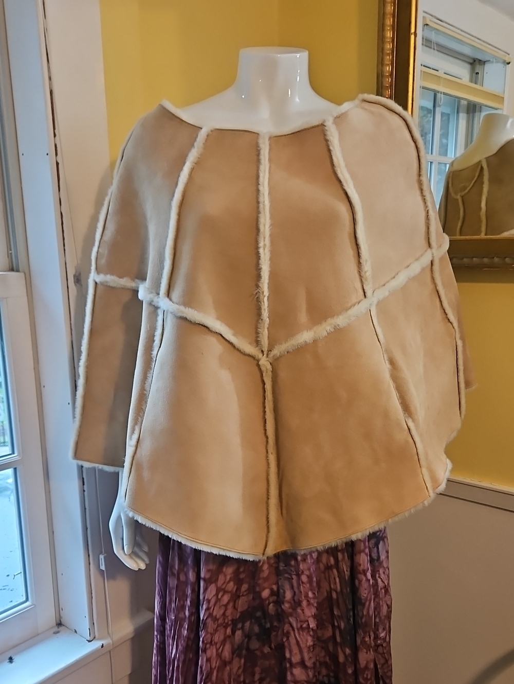 New Real Fur Leather Shearling Poncho Coat Cape - Cream/Tan